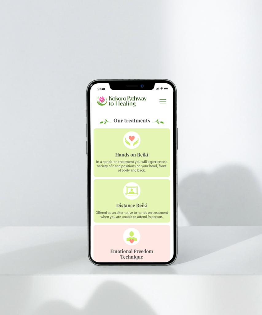 Kokoro Pathway to Healing webpage on mobile screen